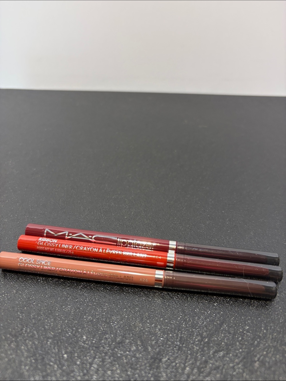 3 MAC Cosmetics Glossy Lip Liner Trio — cool spice, ribbon and nightmoth